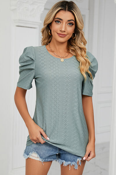 Eyelet Round Neck Puff Sleeve T-Shirt-Timber Brooke Boutique, Online Women's Fashion Boutique in Amarillo, Texas