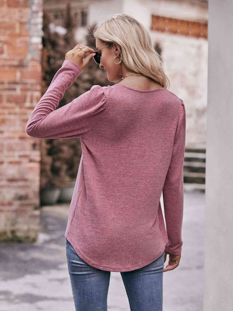 Double Take Pleated Detail Curved Hem Long Sleeve Top-Timber Brooke Boutique, Online Women's Fashion Boutique in Amarillo, Texas