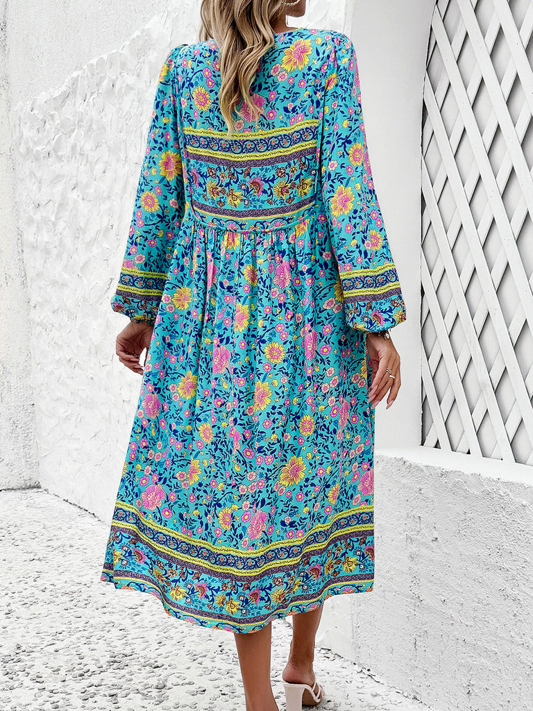 Tassel Tied Printed Long Sleeve Dress-Timber Brooke Boutique, Online Women's Fashion Boutique in Amarillo, Texas