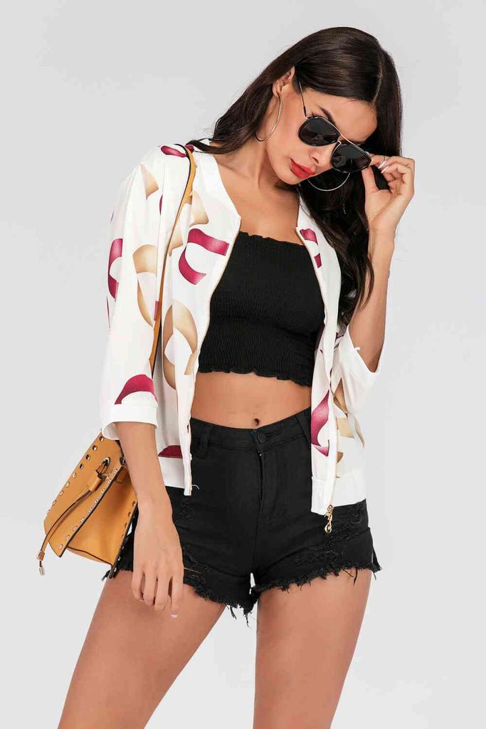 Printed Zip-Up Three-Quarter Sleeve Bomber Jacket-Timber Brooke Boutique, Online Women's Fashion Boutique in Amarillo, Texas