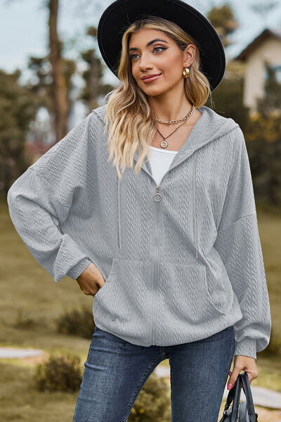 Drawstring Zip Up Dropped Shoulder Hoodie-Timber Brooke Boutique, Online Women's Fashion Boutique in Amarillo, Texas