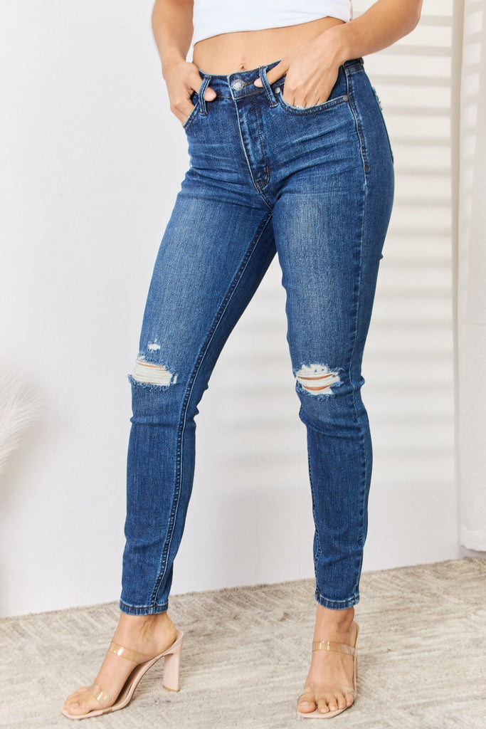 Judy Blue Full Size High Waist Distressed Slim Jeans-Timber Brooke Boutique, Online Women's Fashion Boutique in Amarillo, Texas