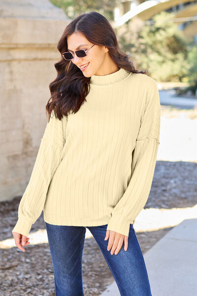 Basic Bae Full Size Ribbed Exposed Seam Mock Neck Knit Top-Timber Brooke Boutique, Online Women's Fashion Boutique in Amarillo, Texas