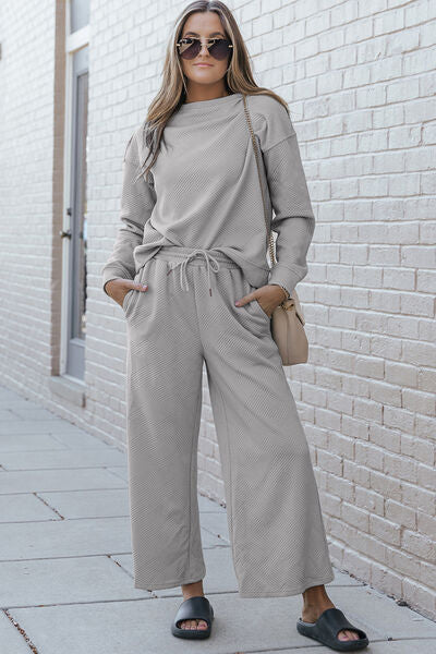 Double Take Full Size Textured Long Sleeve Top and Drawstring Pants Set-Timber Brooke Boutique, Online Women's Fashion Boutique in Amarillo, Texas