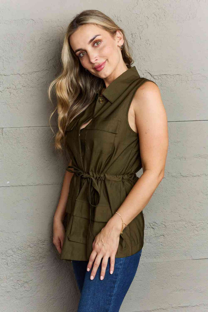 Ninexis Follow The Light Sleeveless Collared Button Down Top-Timber Brooke Boutique, Online Women's Fashion Boutique in Amarillo, Texas