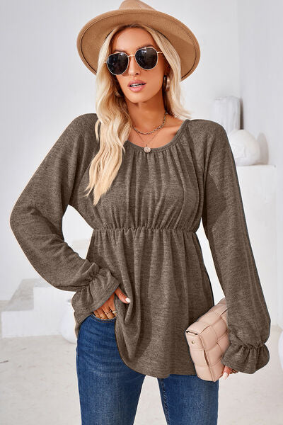 Ruched Round Neck Flounce Sleeve Blouse-Timber Brooke Boutique, Online Women's Fashion Boutique in Amarillo, Texas