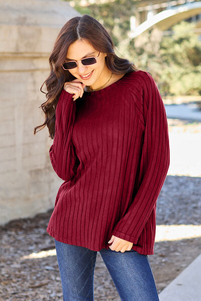 Basic Bae Full Size Ribbed Round Neck Long Sleeve Knit Top-Timber Brooke Boutique, Online Women's Fashion Boutique in Amarillo, Texas