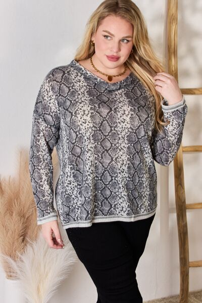 Hailey & Co Full Size Snakeskin V-Neck Long Sleeve Top-Timber Brooke Boutique, Online Women's Fashion Boutique in Amarillo, Texas