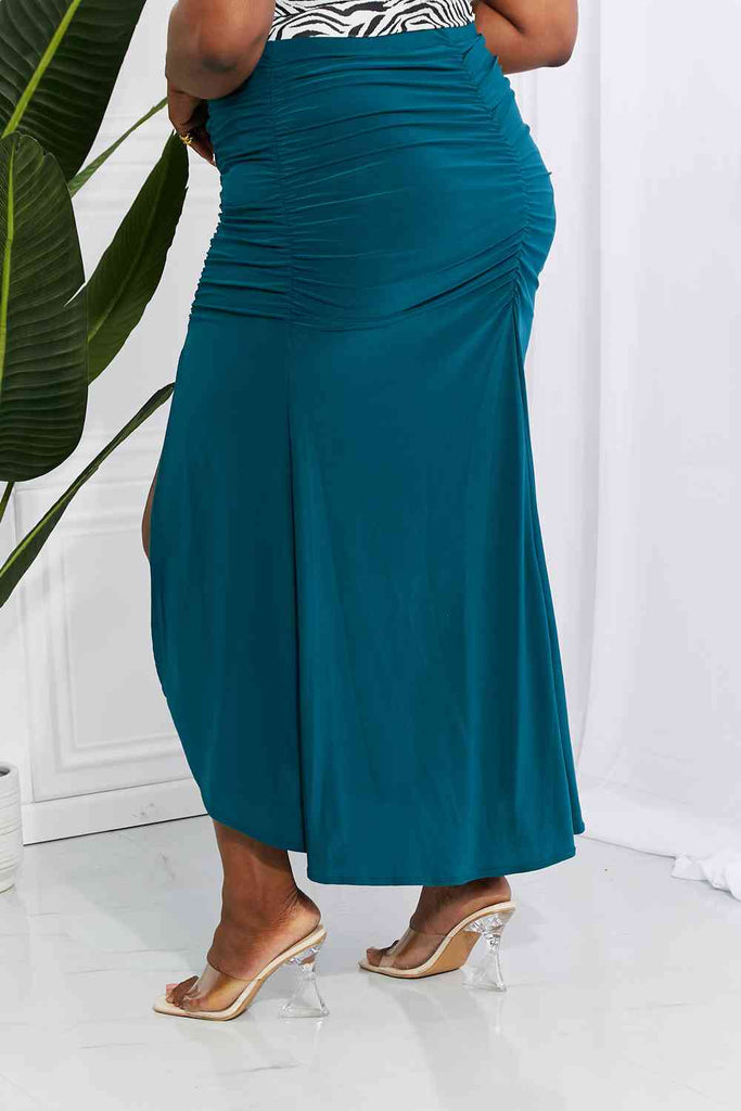 White Birch Full Size Up and Up Ruched Slit Maxi Skirt in Teal-Timber Brooke Boutique, Online Women's Fashion Boutique in Amarillo, Texas