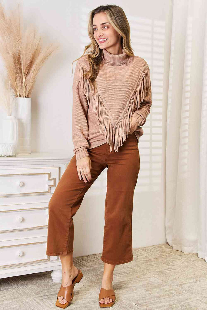 Woven Right Turtleneck Fringe Front Long Sleeve Sweater-Timber Brooke Boutique, Online Women's Fashion Boutique in Amarillo, Texas