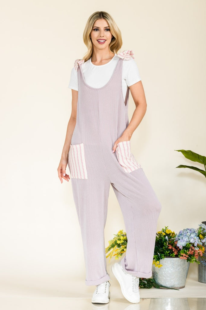Celeste Full Size Stripe Contrast Pocket Rib Jumpsuit-Timber Brooke Boutique, Online Women's Fashion Boutique in Amarillo, Texas