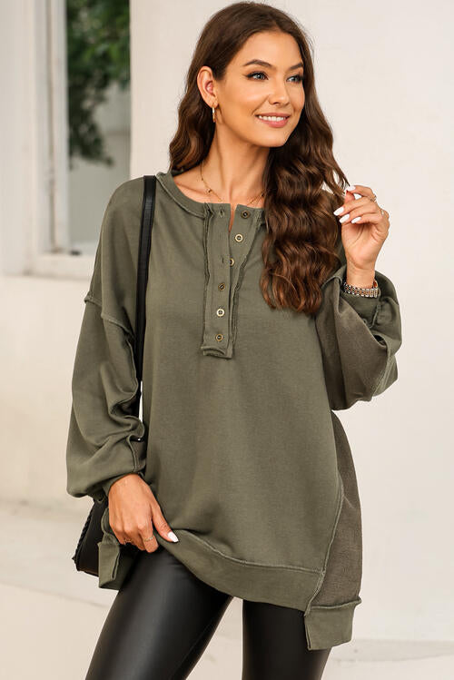 Buttoned Dropped Shoulder Sweatshirt-Timber Brooke Boutique, Online Women's Fashion Boutique in Amarillo, Texas