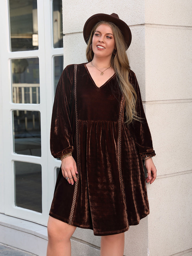 Plus Size V-Neck Balloon Sleeves Dress-Timber Brooke Boutique, Online Women's Fashion Boutique in Amarillo, Texas