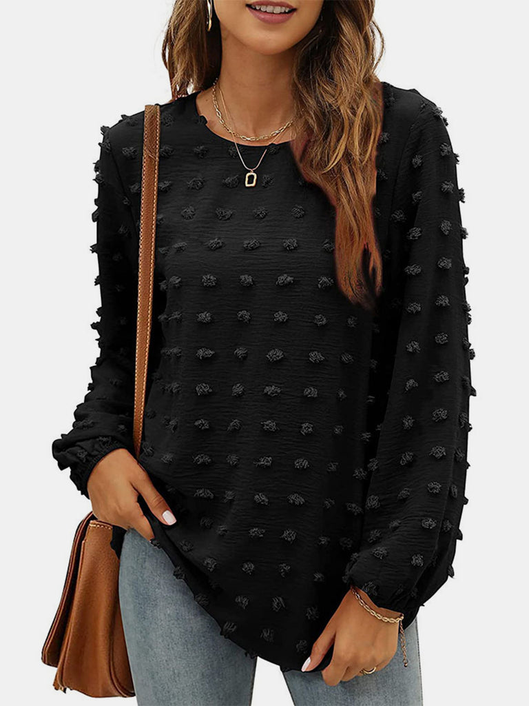 Swiss Dot Round Neck Long Sleeve Blouse-Timber Brooke Boutique, Online Women's Fashion Boutique in Amarillo, Texas