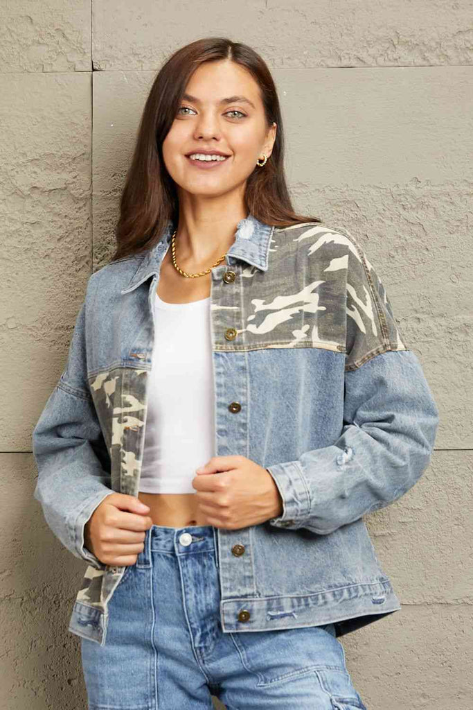 GeeGee Full Size Washed Denim Camo Contrast Jacket-Timber Brooke Boutique, Online Women's Fashion Boutique in Amarillo, Texas