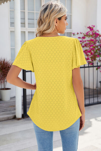 Eyelet Square Neck Flutter Sleeve Blouse-Timber Brooke Boutique, Online Women's Fashion Boutique in Amarillo, Texas