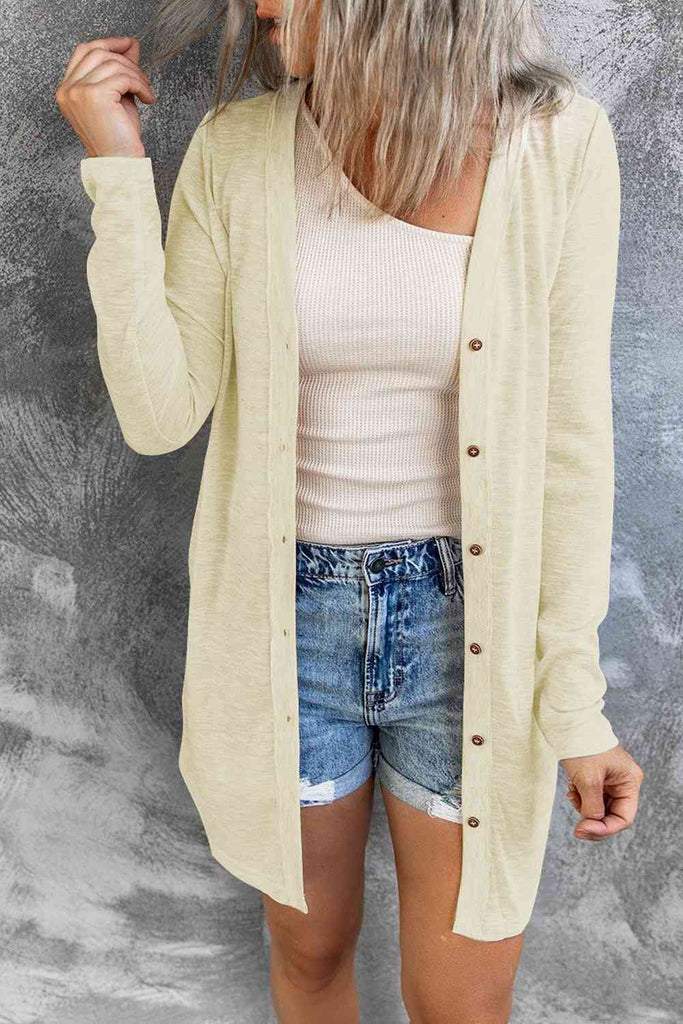 Double Take Button Down Long Sleeve Longline Cardigan-Timber Brooke Boutique, Online Women's Fashion Boutique in Amarillo, Texas