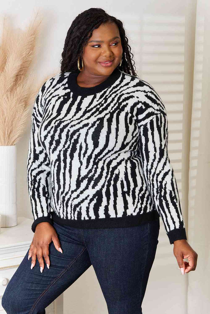 Heimish Full Size Zebra Print Sweater-Sweaters-Timber Brooke Boutique, Online Women's Fashion Boutique in Amarillo, Texas