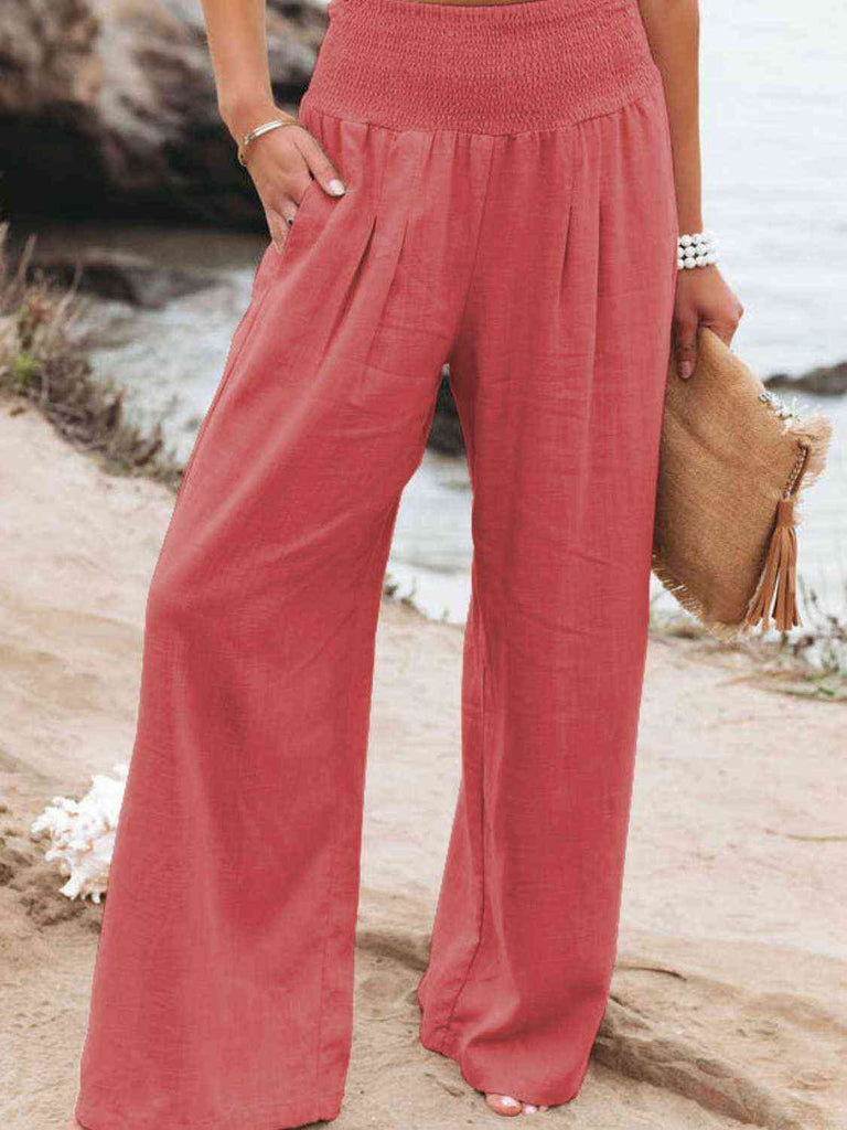 Full Size Smocked Waist Wide Leg Pants-Timber Brooke Boutique, Online Women's Fashion Boutique in Amarillo, Texas
