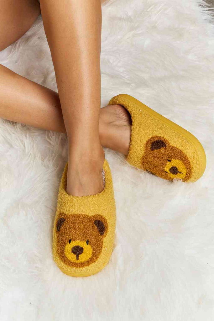 Melody Teddy Bear Print Plush Slide Slippers-Timber Brooke Boutique, Online Women's Fashion Boutique in Amarillo, Texas