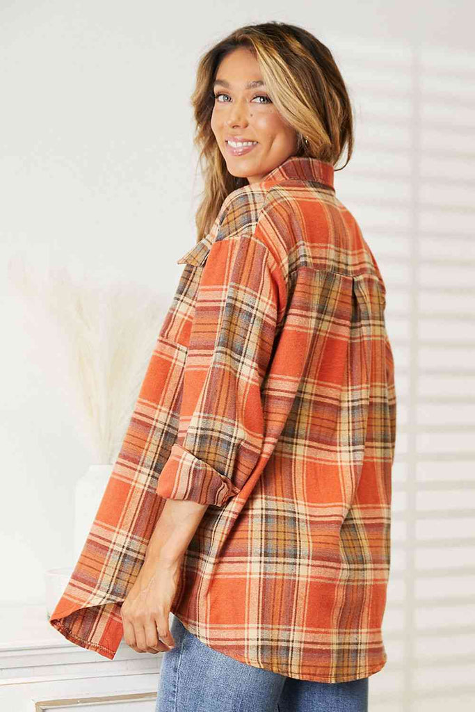 Double Take Plaid Dropped Shoulder Shirt-Timber Brooke Boutique, Online Women's Fashion Boutique in Amarillo, Texas