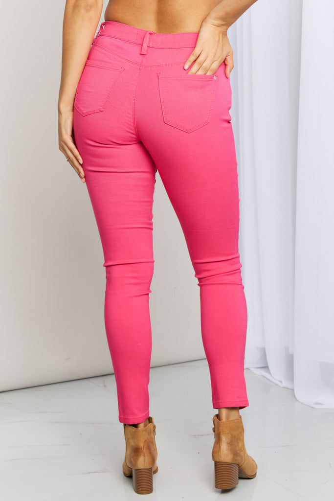 YMI Jeanswear Kate Hyper-Stretch Full Size Mid-Rise Skinny Jeans in Fiery Coral-Timber Brooke Boutique, Online Women's Fashion Boutique in Amarillo, Texas