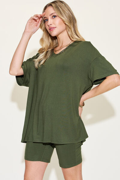 Basic Bae Full Size V-Neck Drop Shoulder Short Sleeve T-Shirt and Shorts Set-Timber Brooke Boutique, Online Women's Fashion Boutique in Amarillo, Texas