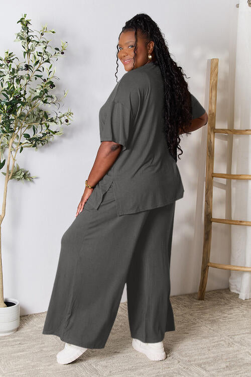 Double Take Full Size Round Neck Slit Top and Pants Set-Timber Brooke Boutique, Online Women's Fashion Boutique in Amarillo, Texas