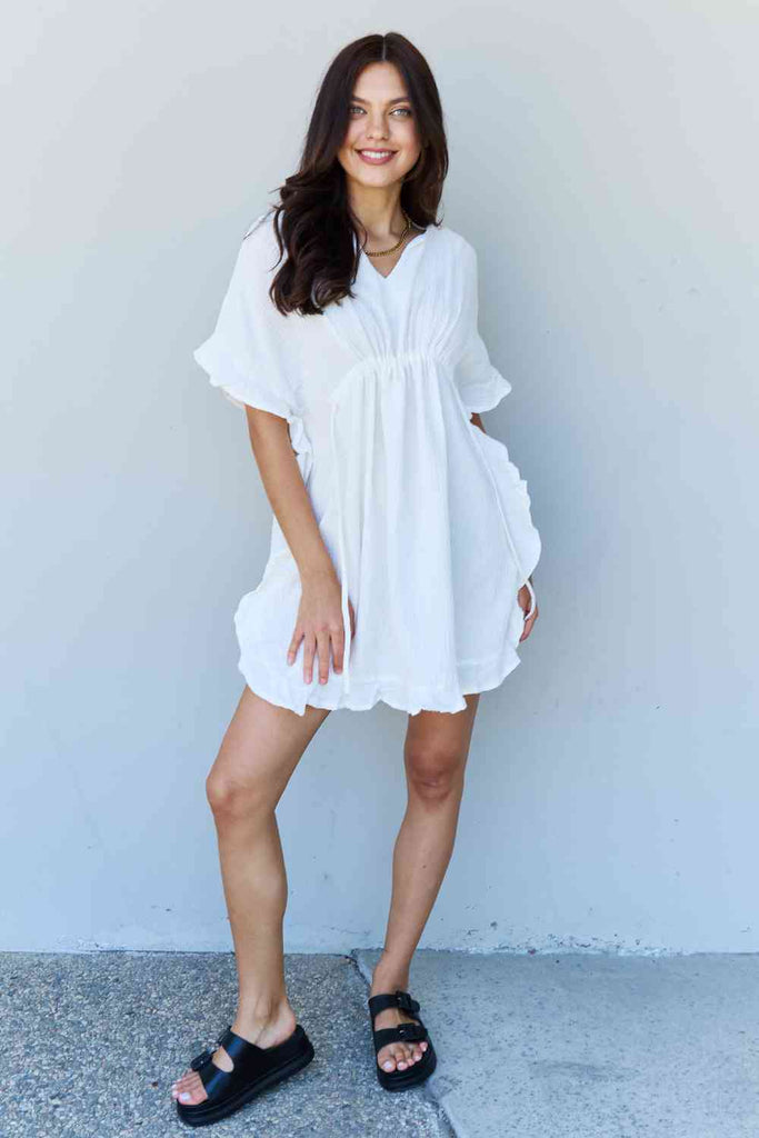 Ninexis Out Of Time Full Size Ruffle Hem Dress with Drawstring Waistband in White-Timber Brooke Boutique, Online Women's Fashion Boutique in Amarillo, Texas