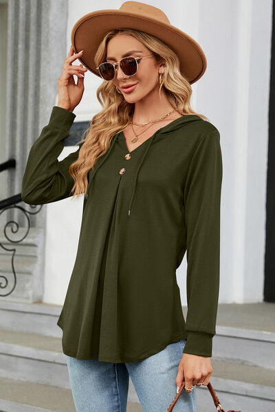 Decorative Button Drawstring Long Sleeve Hoodie-Timber Brooke Boutique, Online Women's Fashion Boutique in Amarillo, Texas