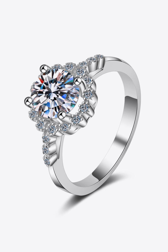 1 Carat Moissanite Rhodium-Plated Halo Ring-Timber Brooke Boutique, Online Women's Fashion Boutique in Amarillo, Texas