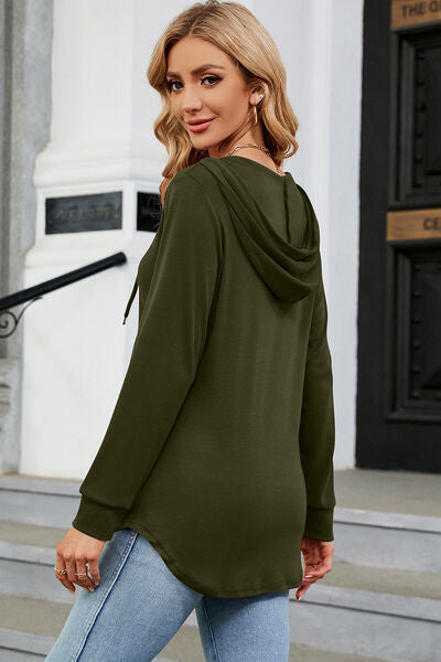 Decorative Button Drawstring Long Sleeve Hoodie-Timber Brooke Boutique, Online Women's Fashion Boutique in Amarillo, Texas