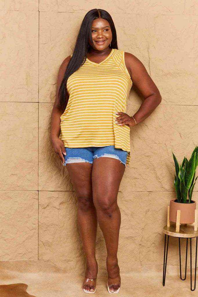 Doublju Talk To Me Full Size Striped Sleeveless V-Neck Top-Timber Brooke Boutique, Online Women's Fashion Boutique in Amarillo, Texas