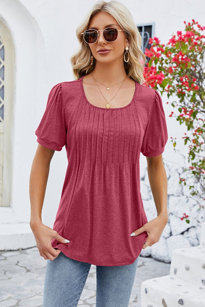 Ruched Scoop Neck Short Sleeve Blouse-Timber Brooke Boutique, Online Women's Fashion Boutique in Amarillo, Texas