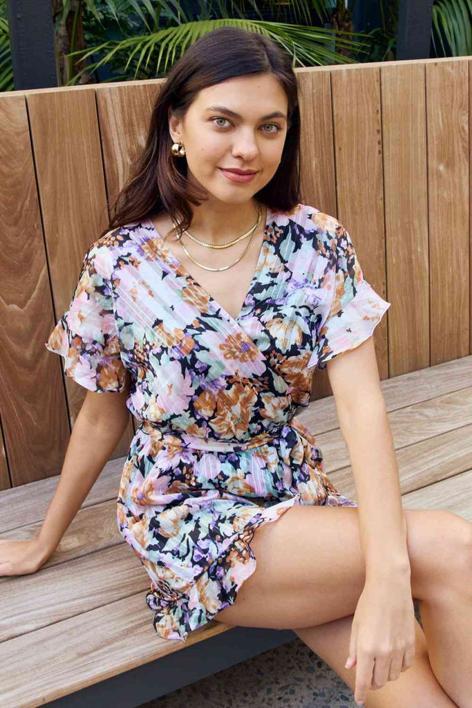 Petal Dew Full Size Floral Tie Belt Ruffled Romper-Timber Brooke Boutique, Online Women's Fashion Boutique in Amarillo, Texas