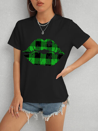 Plaid Lip Graphic Round Neck T-Shirt-Timber Brooke Boutique, Online Women's Fashion Boutique in Amarillo, Texas