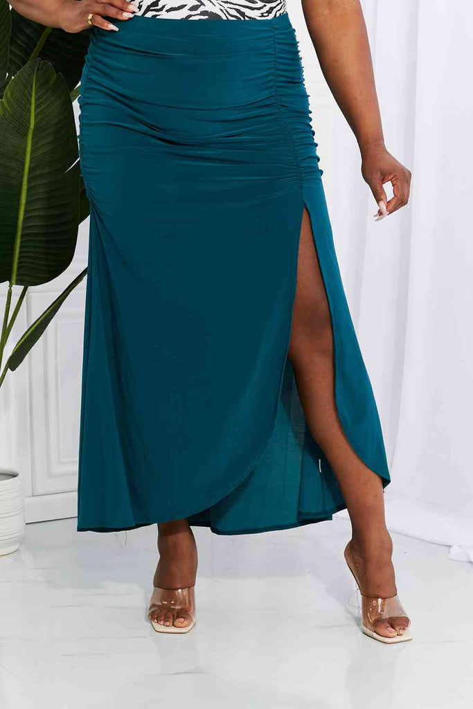 White Birch Full Size Up and Up Ruched Slit Maxi Skirt in Teal-Timber Brooke Boutique, Online Women's Fashion Boutique in Amarillo, Texas