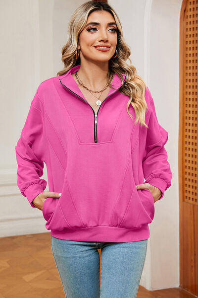 Half Zip Dropped Shoulder Sweatshirt-Timber Brooke Boutique, Online Women's Fashion Boutique in Amarillo, Texas