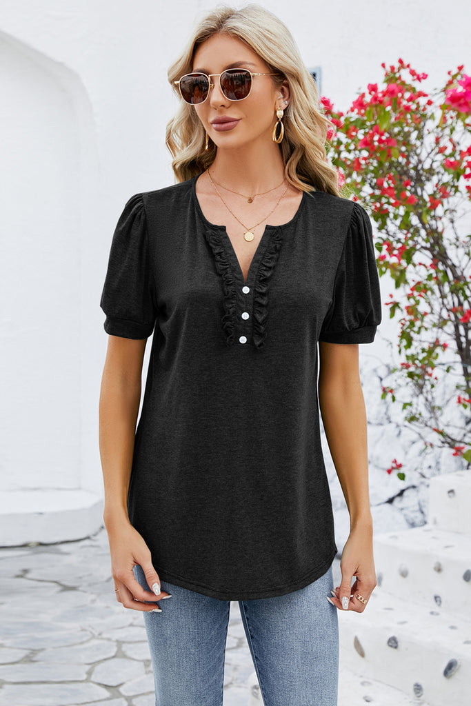 Frill Notched Short Sleeve Blouse-Timber Brooke Boutique, Online Women's Fashion Boutique in Amarillo, Texas