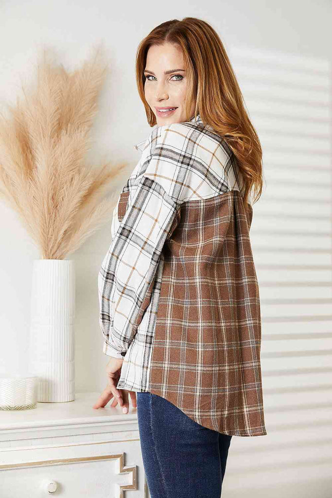Double Take Plaid Contrast Button Up Shirt Jacket-Timber Brooke Boutique, Online Women's Fashion Boutique in Amarillo, Texas
