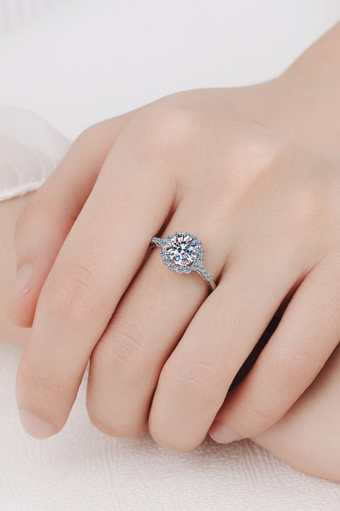 1 Carat Moissanite Rhodium-Plated Halo Ring-Timber Brooke Boutique, Online Women's Fashion Boutique in Amarillo, Texas