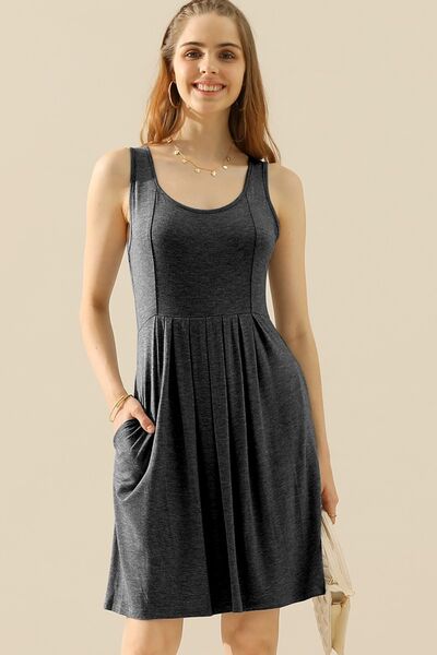 Doublju Full Size Round Neck Ruched Sleeveless Dress with Pockets-Timber Brooke Boutique, Online Women's Fashion Boutique in Amarillo, Texas