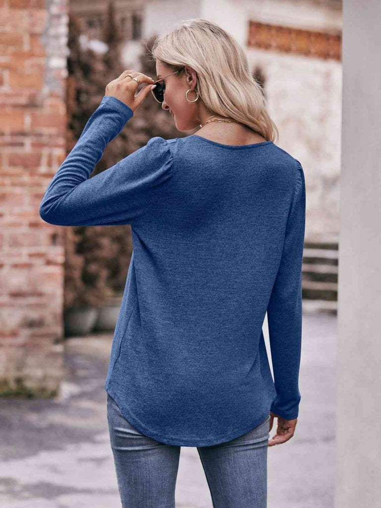 Double Take Pleated Detail Curved Hem Long Sleeve Top-Timber Brooke Boutique, Online Women's Fashion Boutique in Amarillo, Texas