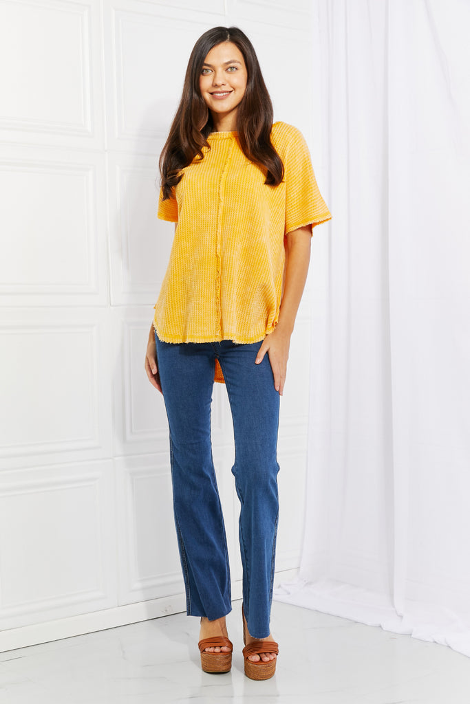 Zenana Start Small Washed Waffle Knit Top in Yellow Gold-Short Sleeve Top-Timber Brooke Boutique, Online Women's Fashion Boutique in Amarillo, Texas