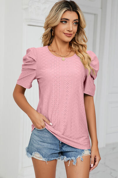 Eyelet Round Neck Puff Sleeve T-Shirt-Timber Brooke Boutique, Online Women's Fashion Boutique in Amarillo, Texas
