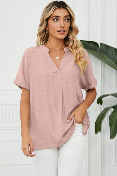 Ruched Notched Short Sleeve Blouse-Timber Brooke Boutique, Online Women's Fashion Boutique in Amarillo, Texas