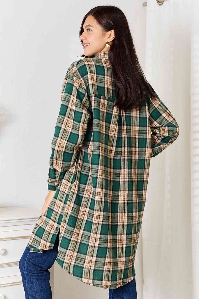 Double Take Plaid Collared Neck Long Sleeve Shirt-Timber Brooke Boutique, Online Women's Fashion Boutique in Amarillo, Texas