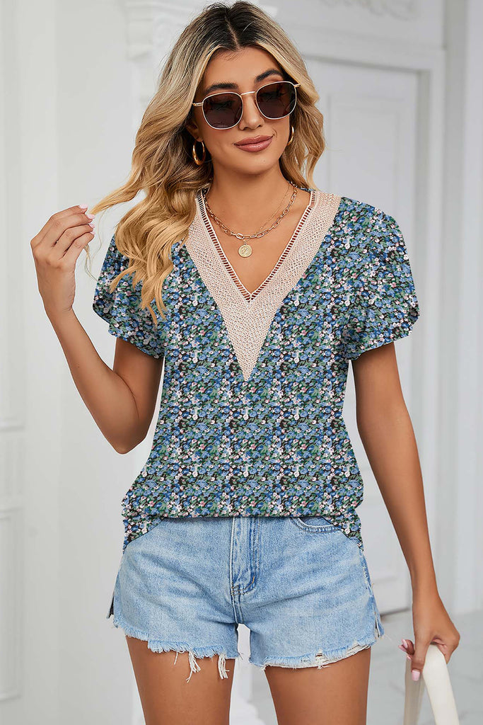 Floral V-Neck Short Sleeve T-Shirt-Timber Brooke Boutique, Online Women's Fashion Boutique in Amarillo, Texas