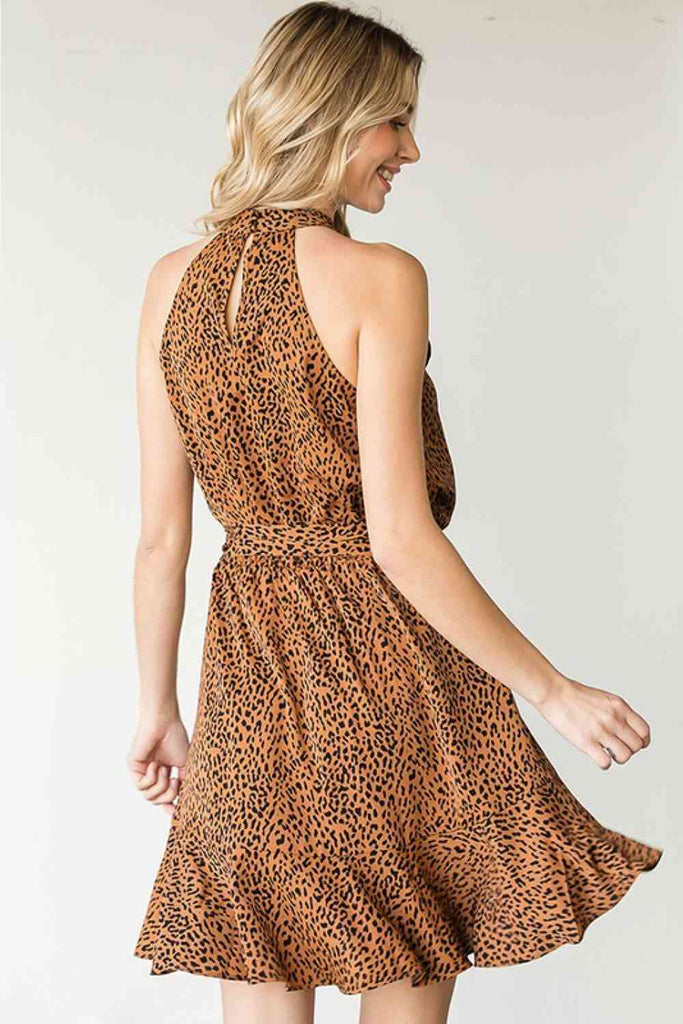 First Love Full Size Leopard Belted Sleeveless Dress-Timber Brooke Boutique, Online Women's Fashion Boutique in Amarillo, Texas