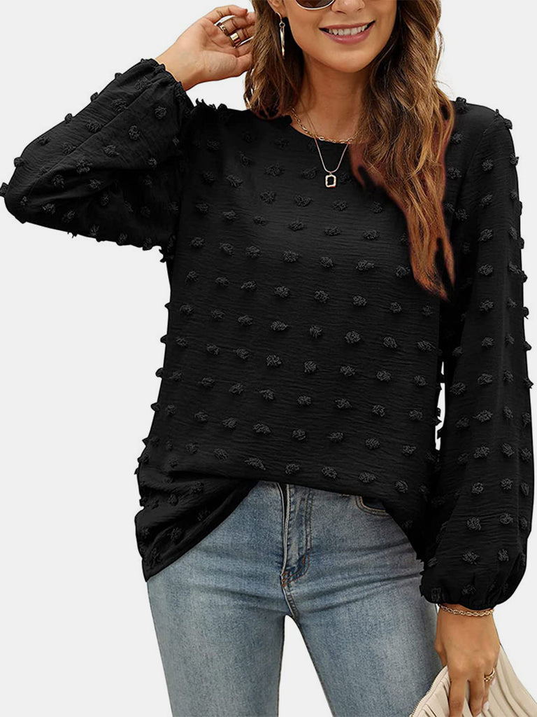 Swiss Dot Round Neck Long Sleeve Blouse-Timber Brooke Boutique, Online Women's Fashion Boutique in Amarillo, Texas